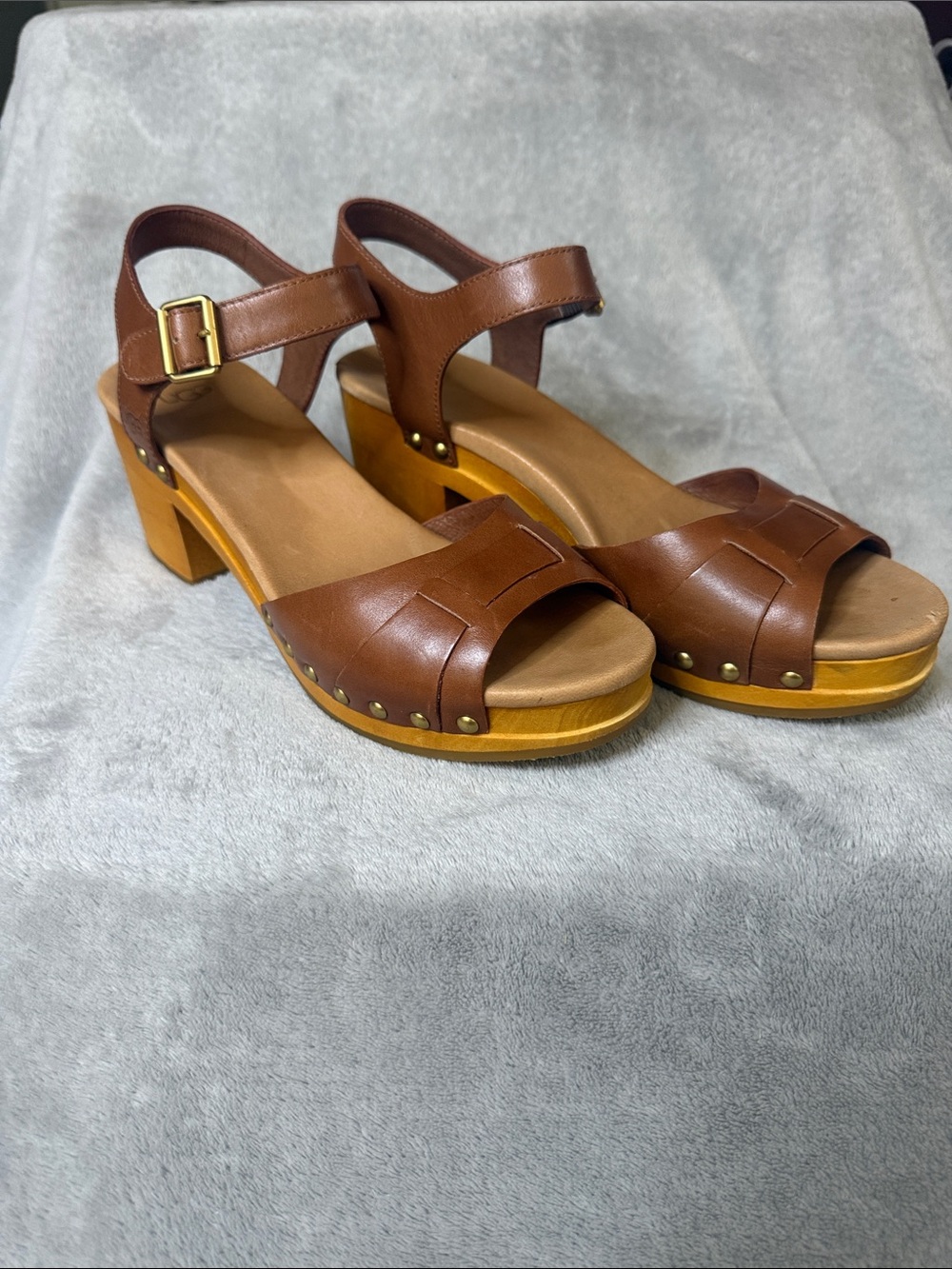 UGG Women's Brown Leather Ankle-Strap Chunky Heels